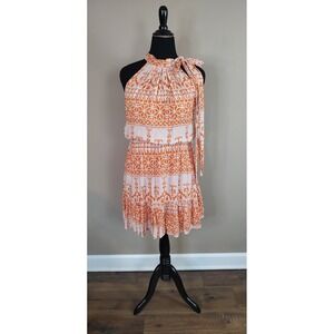 BTFBM Orange Geometric Tile Halter Mini Dress Tie Neck Open Back Size M NEW